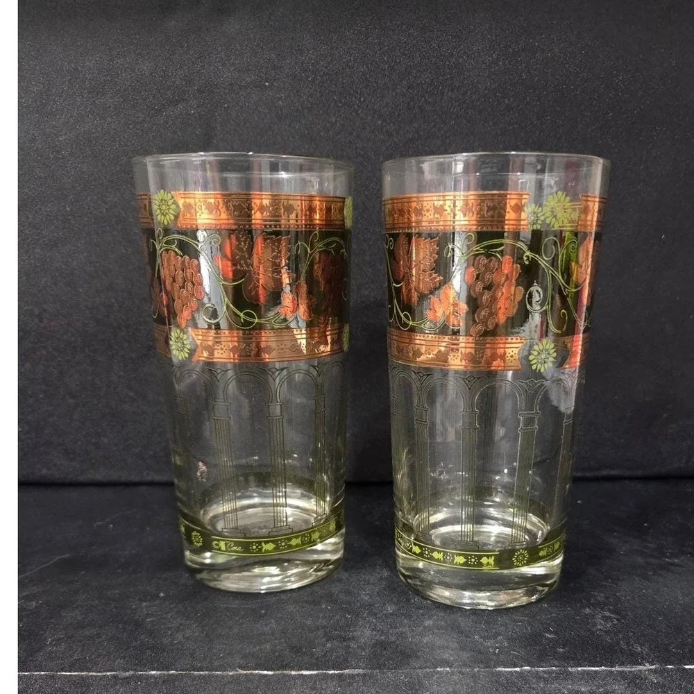Cera Green & Golden Grapes Highball Glasses, Set of 2, Vintage Tumblers, Barware